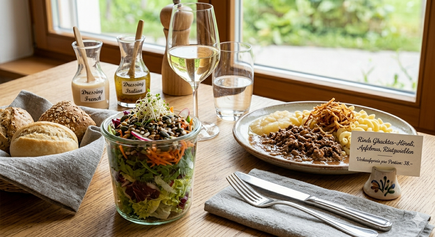 <p>Rindsgehacktes, H&ouml;rnli, Apfelmus &amp; R&ouml;stzwiebeln</p>